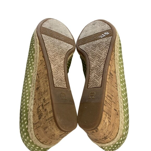 Etienne Aigner Size 7.5M Green Polka Dot Fabric Wedge Peep Toe cork heel Shoes - Picture 7 of 8